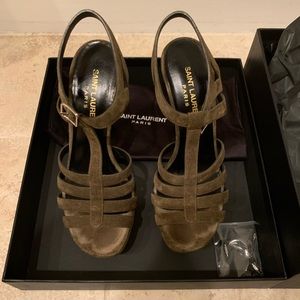 Saint Laurent Olive Green Suede T Strap Heels